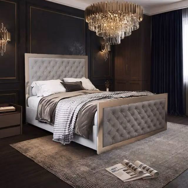 KDMD Meopham Double Upholstered Velvet Designer Bed Frame in Grey and Black