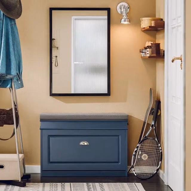 SoBuy Slim Entrance Bench and Shoe Rack with Lift-Up Seat and Drawer in Blue Rustic Fabric