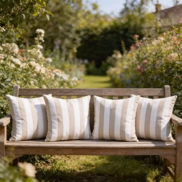 Livinluxury Wide Striped Outdoor Water-repellent Cushion in Beige and White