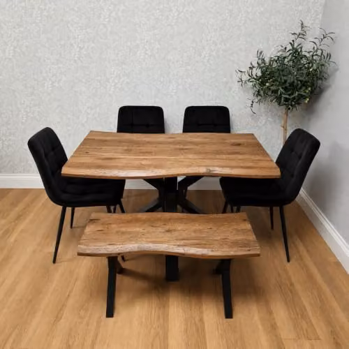 Kosy Koala 6 Seater Dining Set with X-Frame Live Edge Style Rectangular Table, 4 Black Velvet Chairs and Bench, Rustic Brown and Black – 2