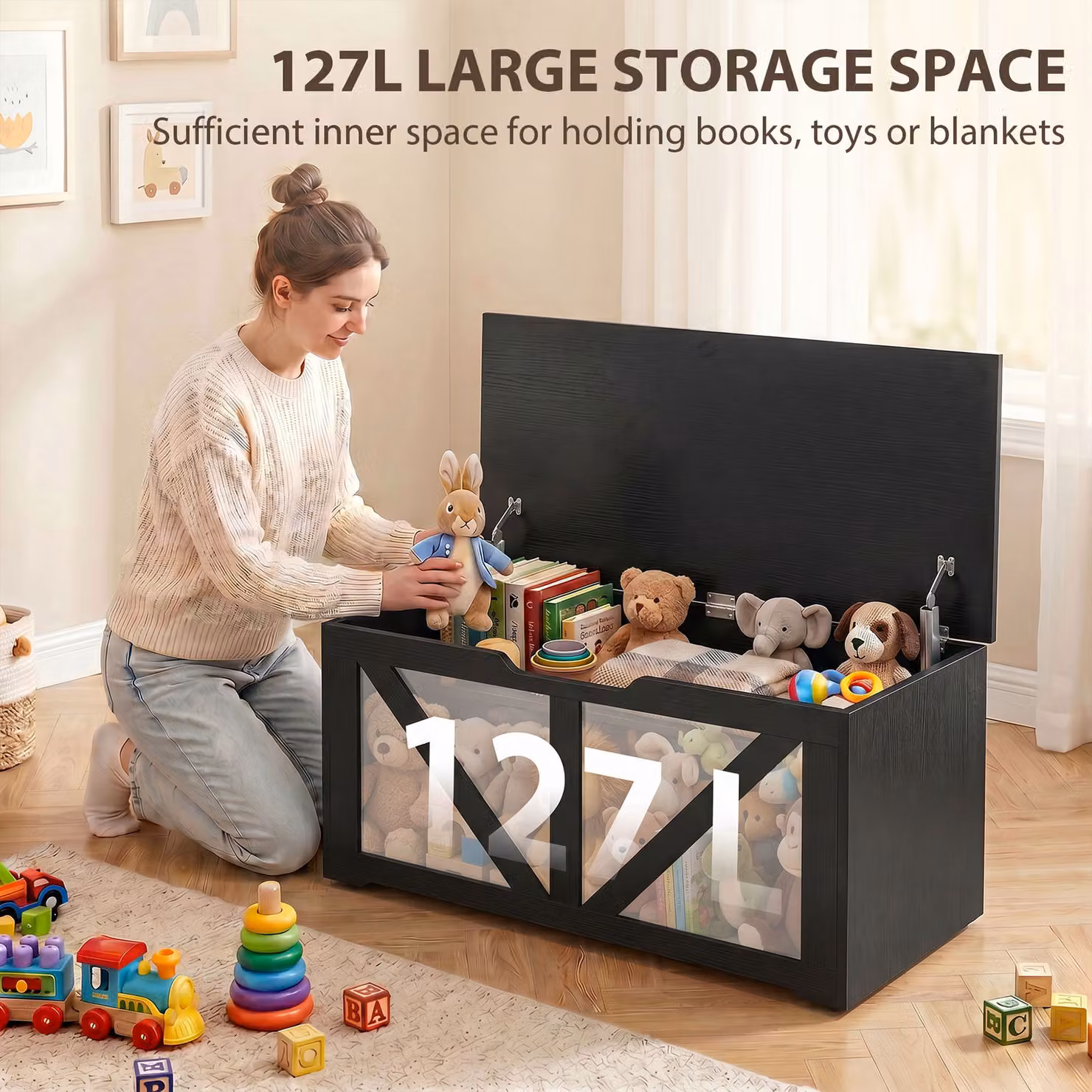 HOMCOM 127L Home Storage Box with Soft-Close Lid in Black Wood-Effect – 4
