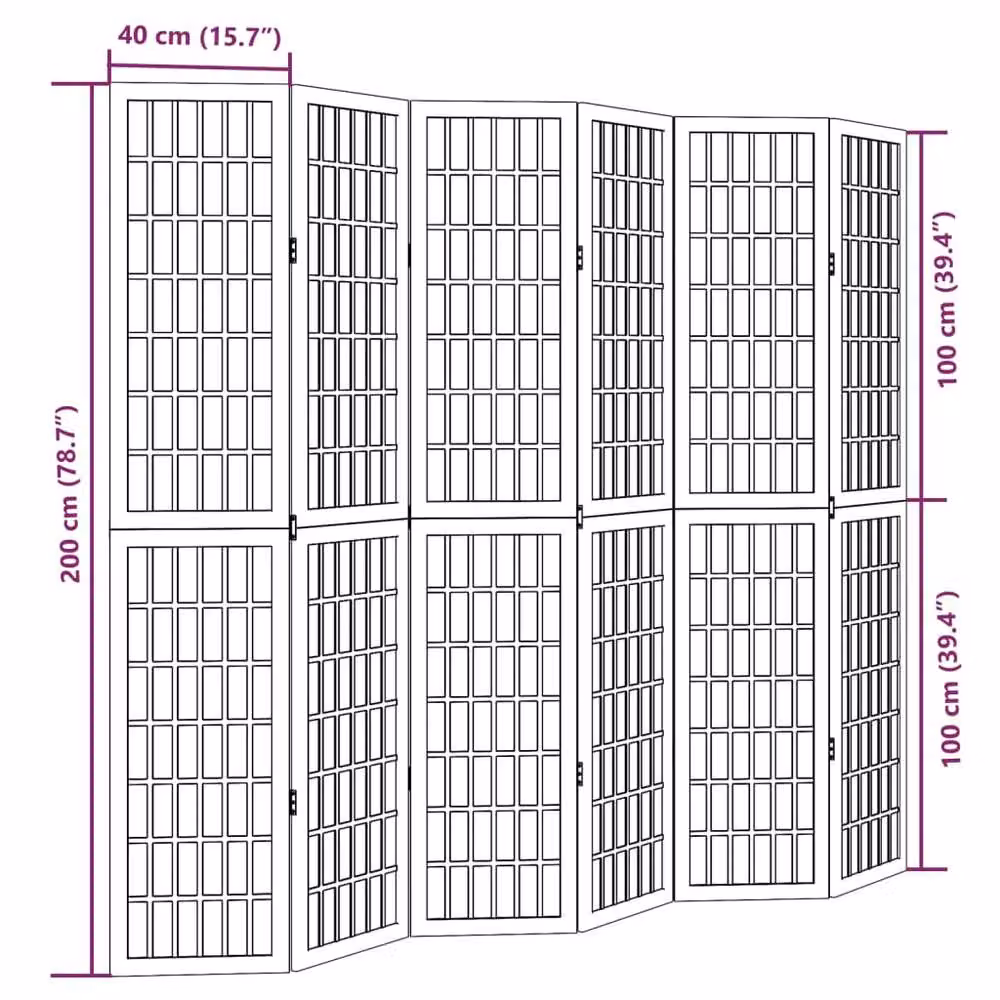 Berkfield Home 6-Panel Room Divider in Black Matt Solid Paulownia Wood, H 215 x W 200 x D 1.6 cm – 6