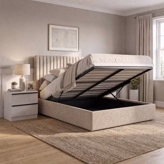 FWStyle Sollom Upholstered Ottoman Bed Frame in Sand Beige with Lift Up Storage, W/D/H: 154 x 112.5 x 209 cm – 1