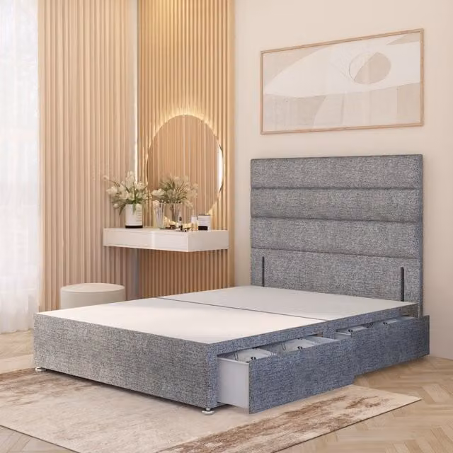 Horizona Grey Fabric Divan Bed Base with 4 Drawers and 54 inch Floor Standing Headboard W/D/H: 180 x 200 x 34.5 cm