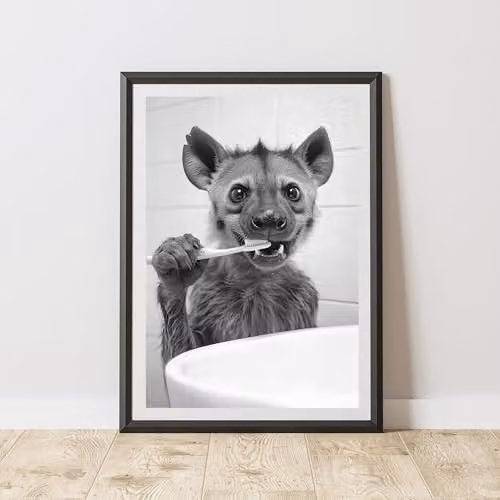 60 Second Makeover Hyena Brushing Teeth Animal Print Paper Poster, A4