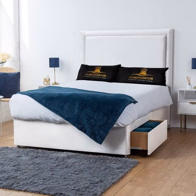 UK Bed Furniture Ascot Double Divan Bed with 2 Drawers and 26 Inch Headboard in White, W/D/H: 140 x 200 cm
