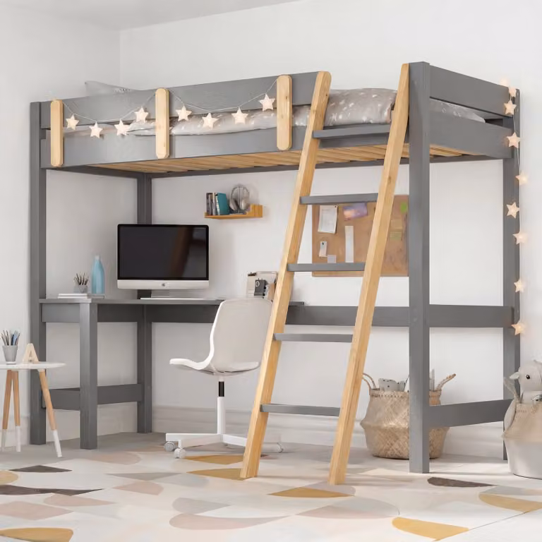 DHS Grey and Pine Solid Wood High Sleeper Loft Bed Frame with Desk for Children, H: 180.5 cm x W: 90 cm x D: 159 cm