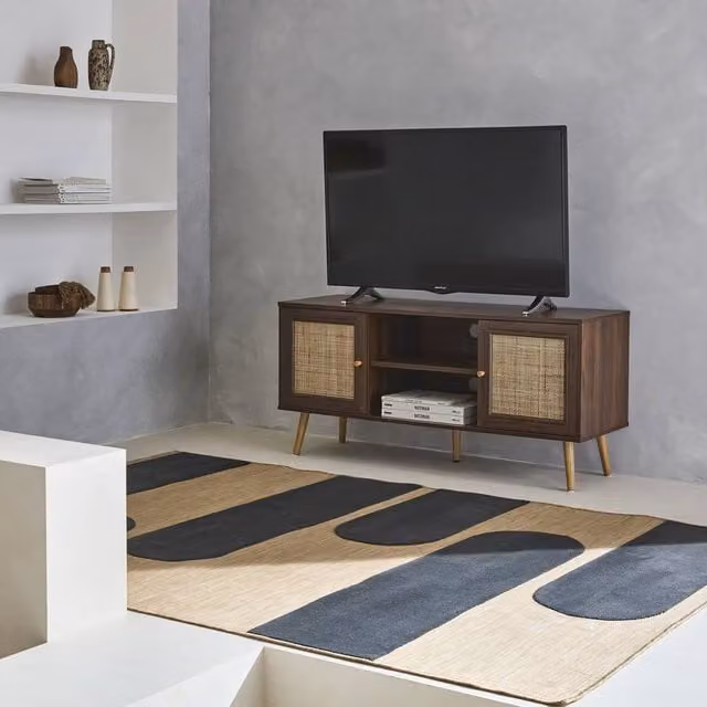 Sweekeet Boho Style Wooden TV Unit with Cane Effect and 2 Doors in Dark Brown, Width: 120 cm – 1