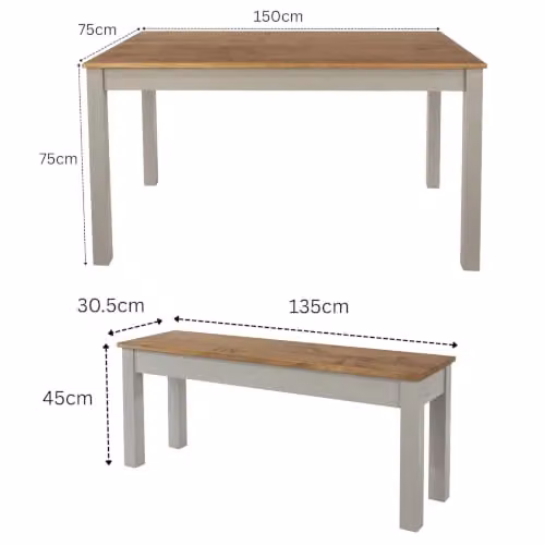Core Products Linea Rectangular Dining Table and Bench Set in Antique Waxed Pine and Grey, W: 150 cm, H: 75 cm, D: 75 cm – 2