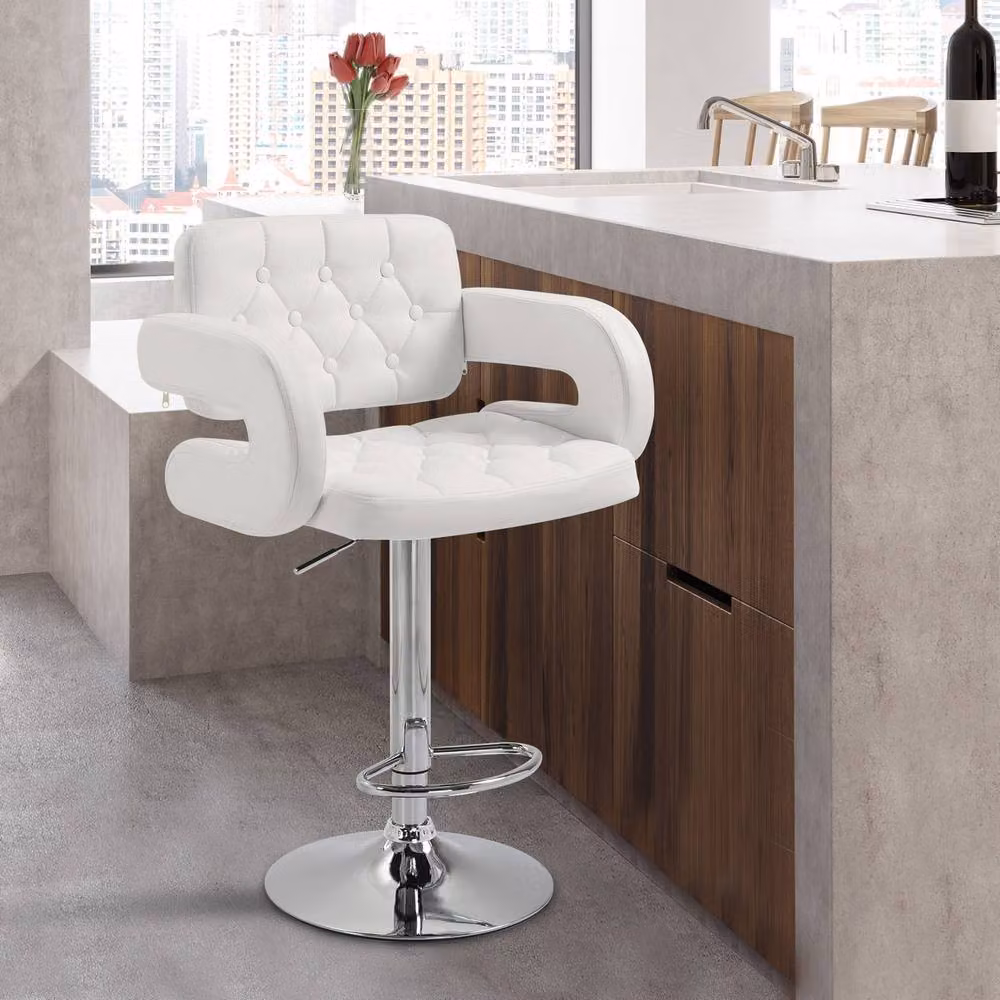 ERGOVEXA Luxe PU Leather Swivel Bar Stool with Armrests in White – 3