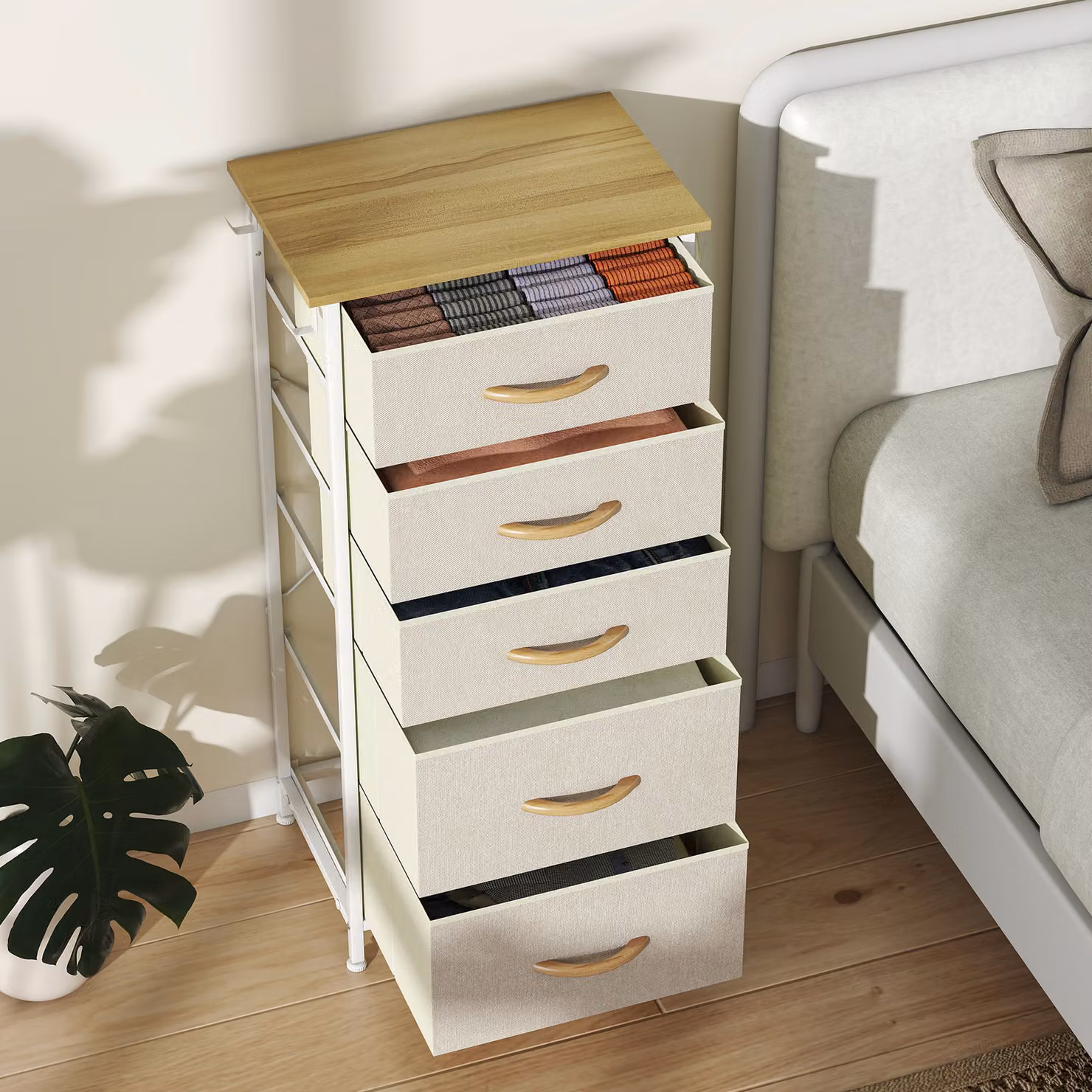 HOMCOM Chest of Five Fabric Drawers in Beige – 2