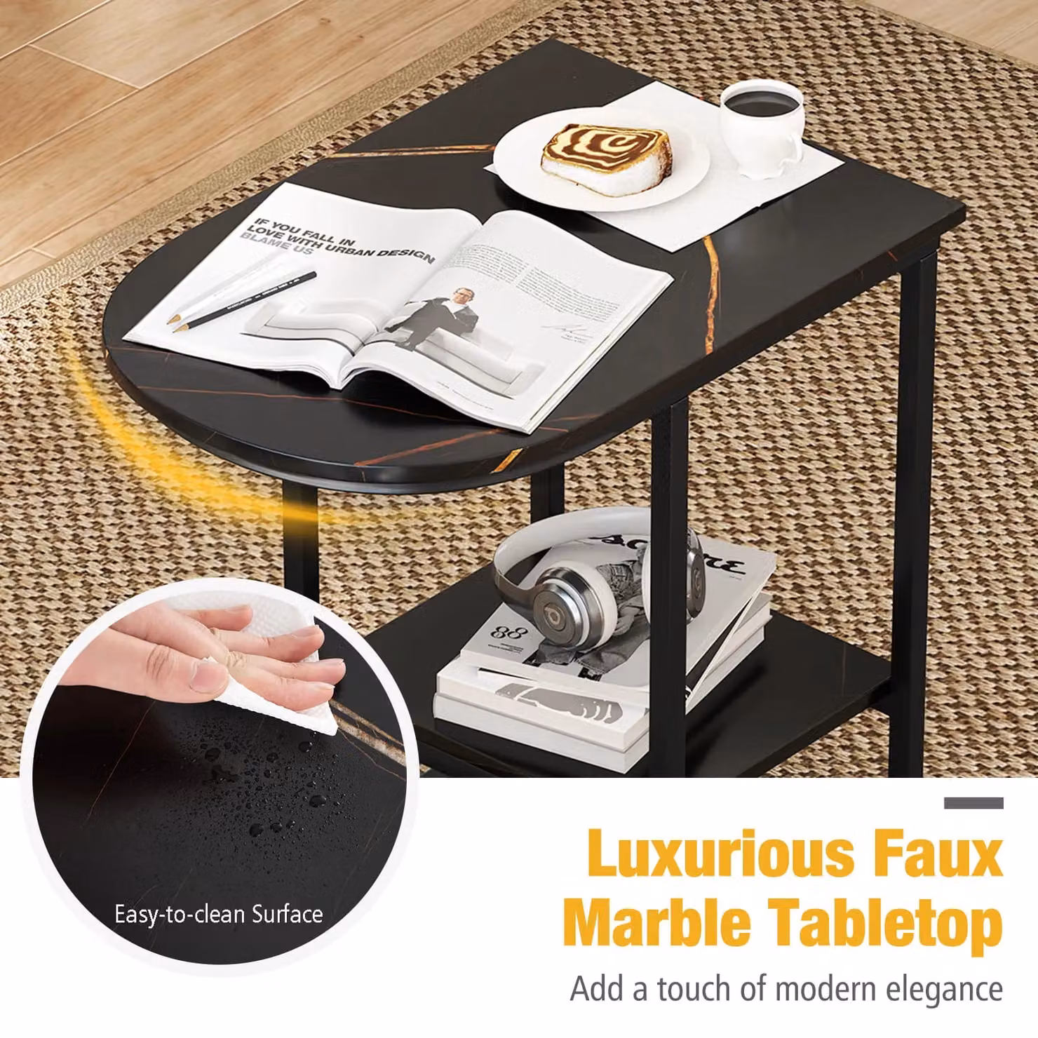 Gymax Modern C-shaped End Table with Storage Shelf in Black – 7