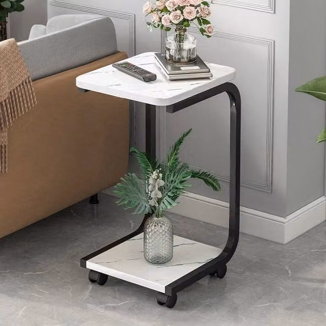 SPETLEK Small White Marble and Metal End Side Table with Serving Tiers and Sled Base – 1
