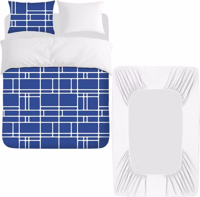 Pamposh Blue Reversible Microfibre Duvet Cover and White Fitted Sheet Set, 200 x 200 cm