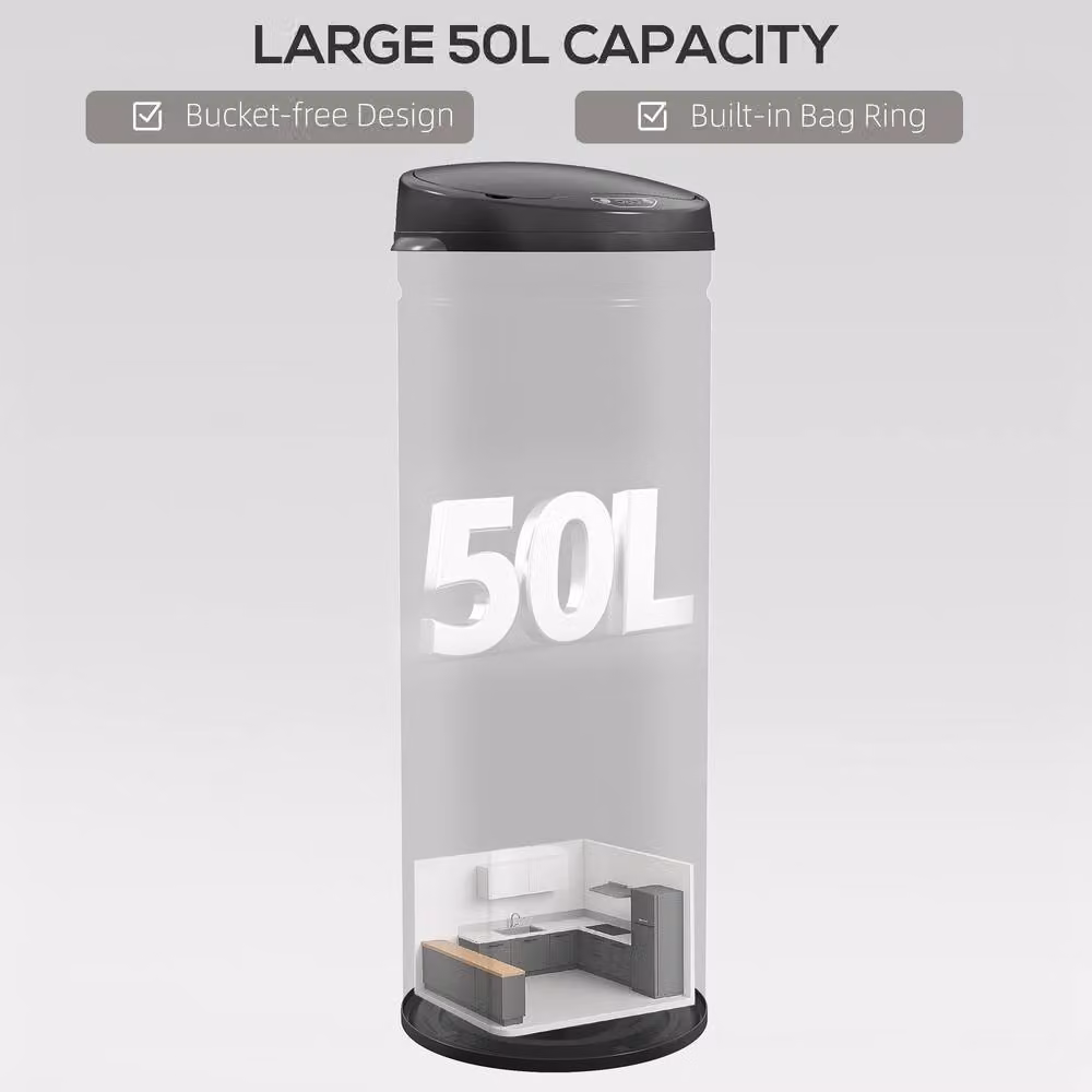 HOMCOM 50L Sensor Bin with Soft-Close Lid and Stainless Steel Finish in Black – 4