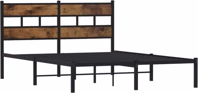 Berkfield Home Metal and Wood Bed Frame in Smoked Oak and Brown, W/D/H: 160 x 91.5 x 207 cm
