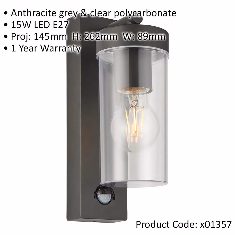 Loops Modern Outdoor Wall Lantern Light in Grey with PIR Motion Sensor, Timer and Dimmable LED Function, E27 – 2