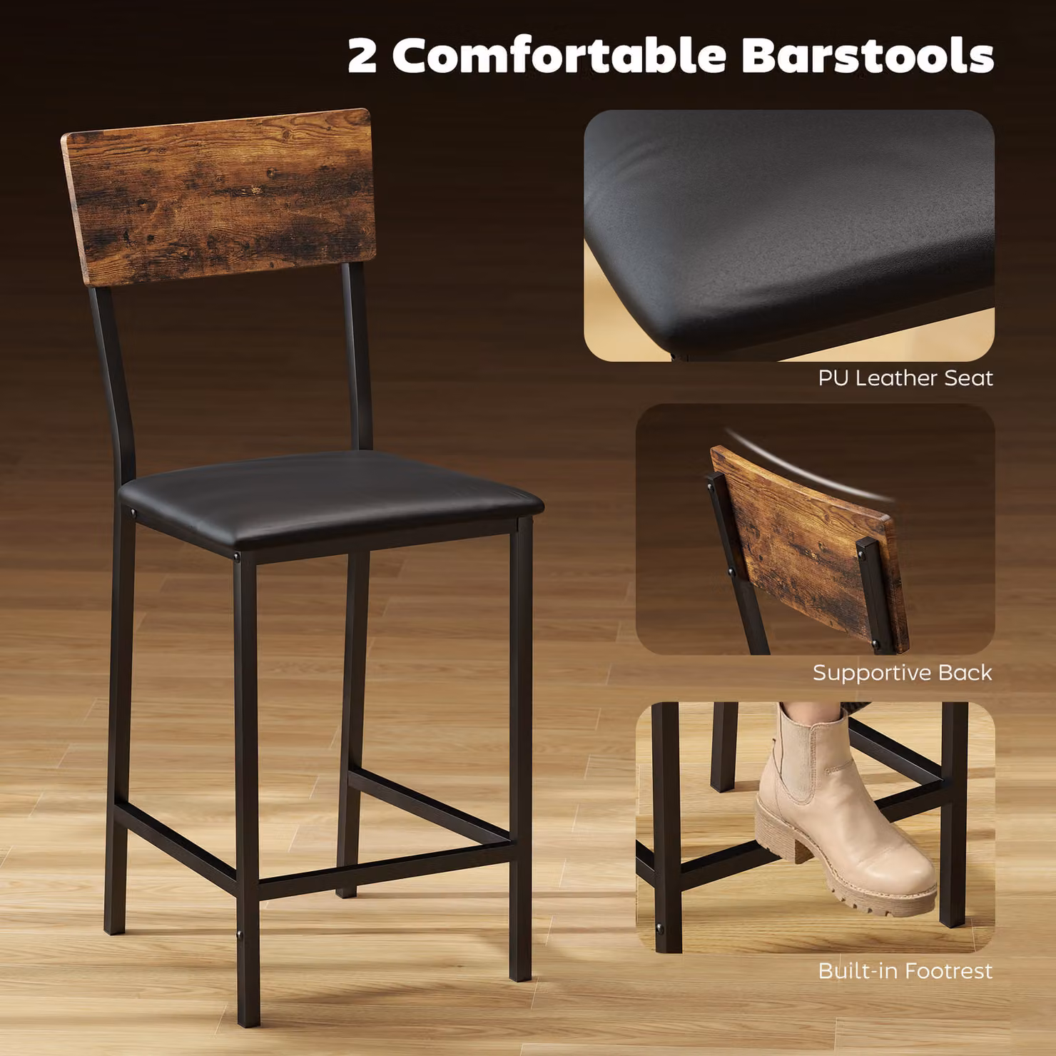HOMCOM Three-Piece Industrial Bar Table Set with Three Chairs in Brown and Black – 5