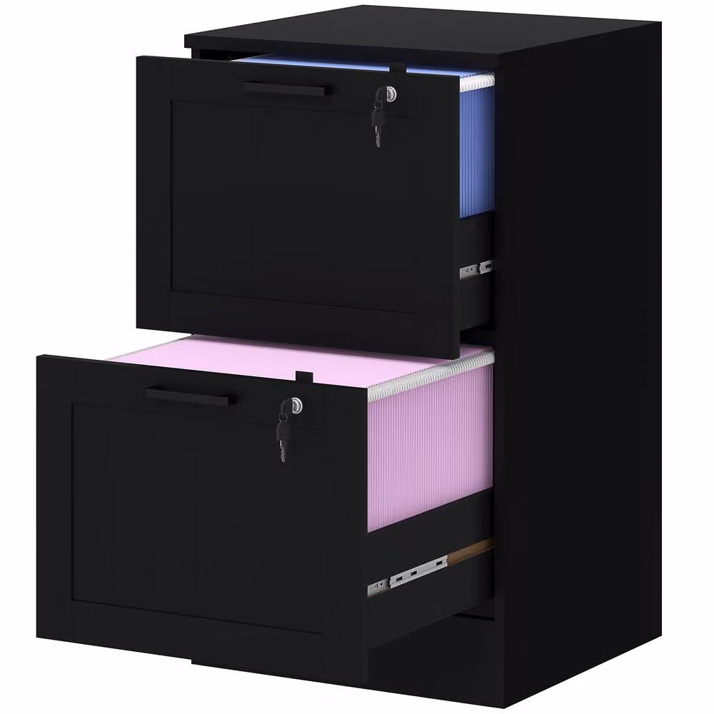 Rolipo Black 2-Drawer Lockable Metal Filing Cabinet with A4 Letter Hanging Rails – 2