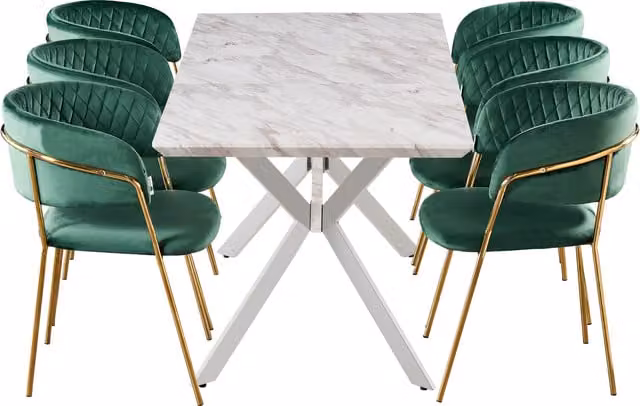 Life Interiors Atarah Blaze LUX Extendable Dining Set with 6 Chairs in Green and Gold