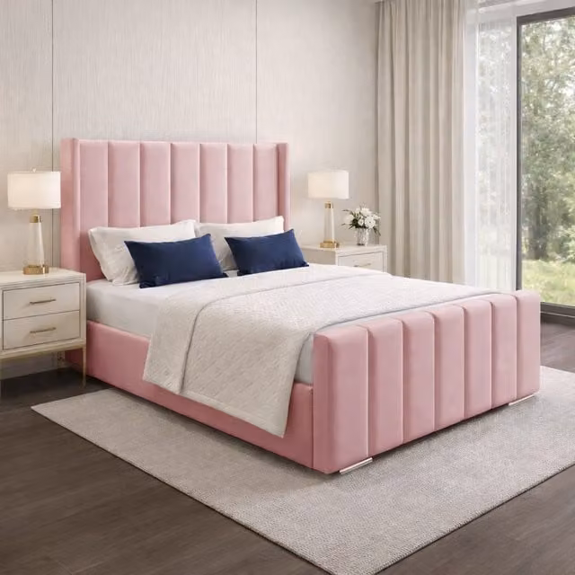 Desire Deco Plush Velvet Wingback Upholstered Panel Bed Frame, Pink, W: 140 cm, D: 200 cm