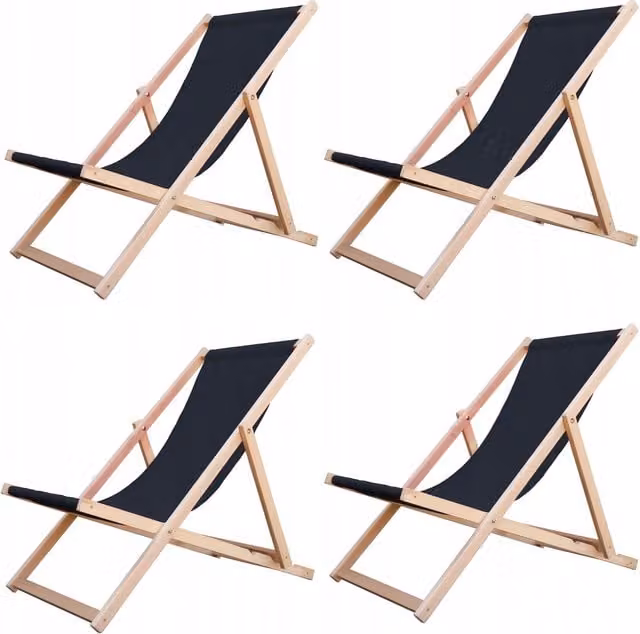 NOVECRAFTO Set of 4 Traditional Folding Beech Wood Deck Chairs with Black UV-Resistant Polyester Fabric and Armrests