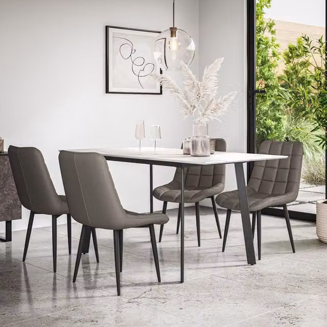 More4Homes Haydon Extending Dining Table and 6 Nova Grey Faux Leather Chairs Set with White Marble Effect Top and Black Legs W/D/H: 120 x 80 x 76 cm – 1