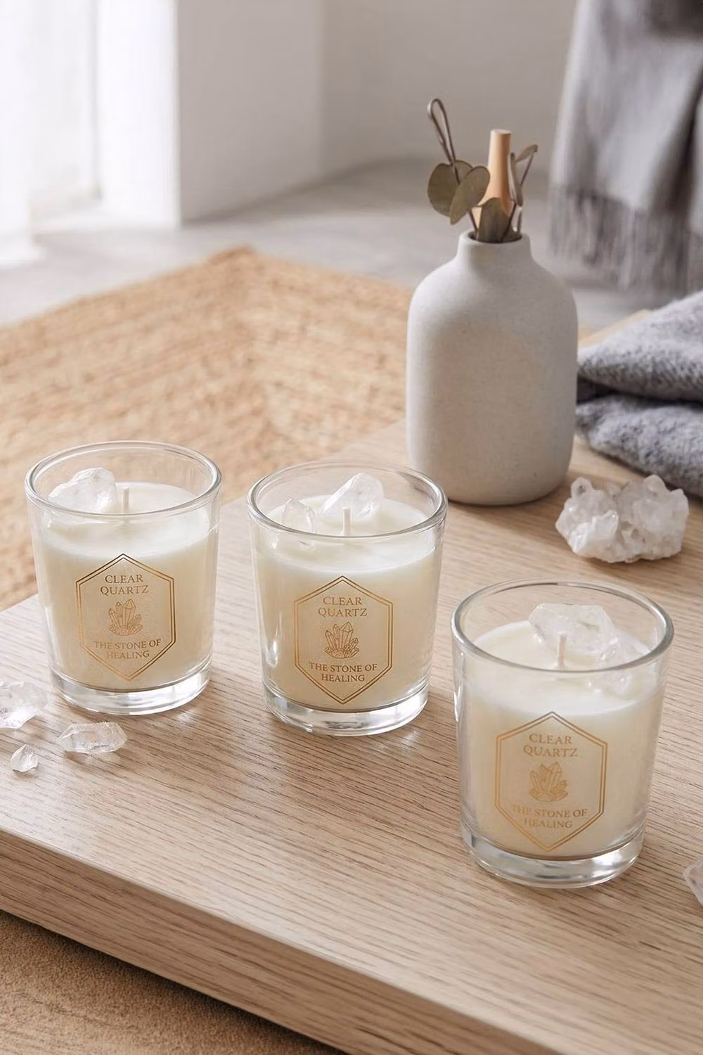Homescapes Crystal Scented Candle Gift Set in Grey with Transparent and White Natural Gemstones, Pack of 3 – 2
