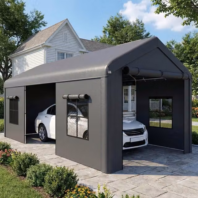 Outsunny Heavy Duty Gable Carport with Roll Up Doors and Windows in Dark Grey, W: 6 m, D: 3 m