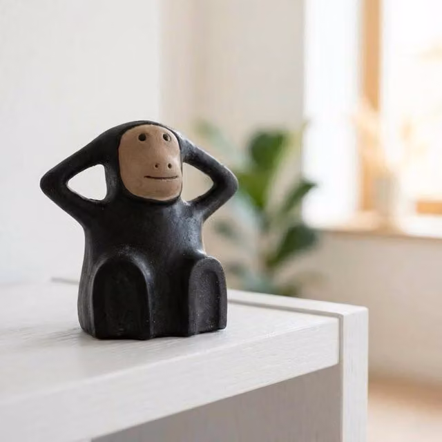 Garden Greatness Sitting Monkey Ceramic Tabletop Ornament in Multicolour, Brown and Black, H 15.0 x W 14.5 x D 7.5 cm