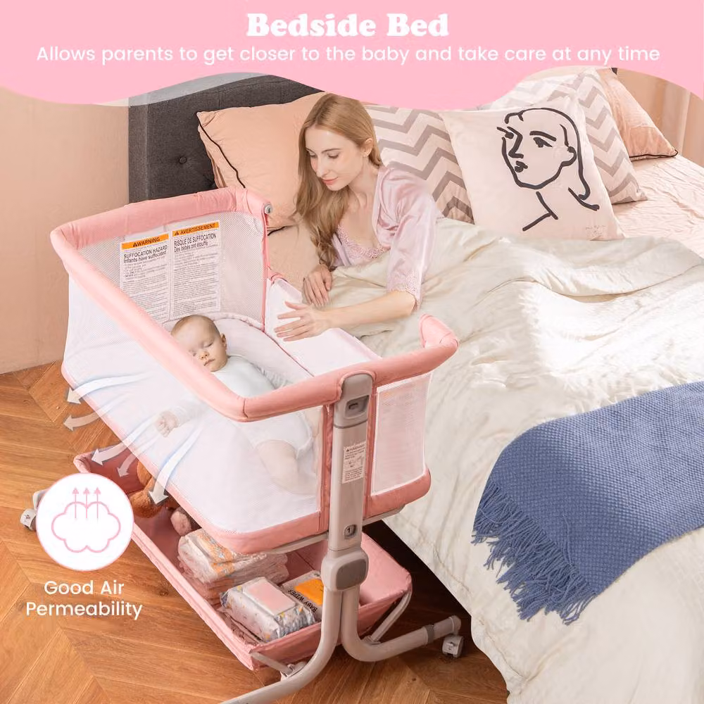 Gymax Adjustable Height Folding Bedside Crib Bassinet in Pink – 2