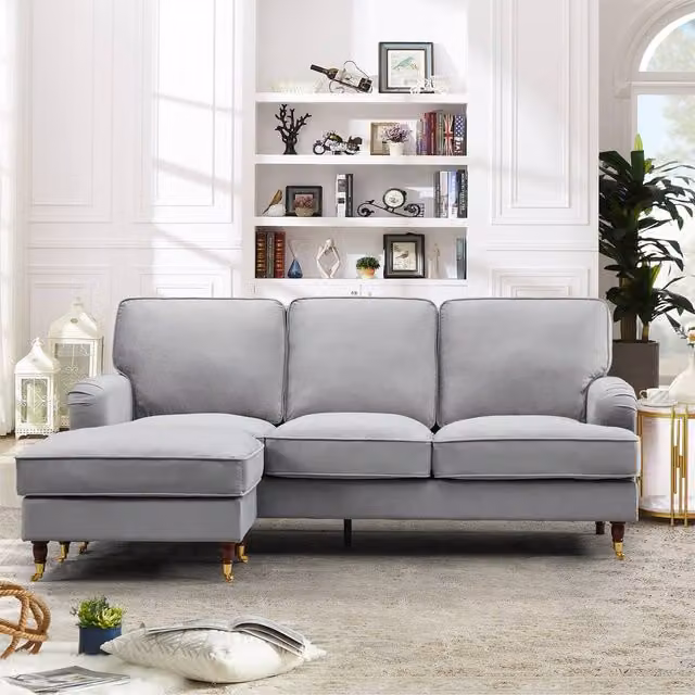 Artemis Home Woodbury Reversible L-Shape Corner Sofa in Grey Velvet Fabric with Matching Ottoman