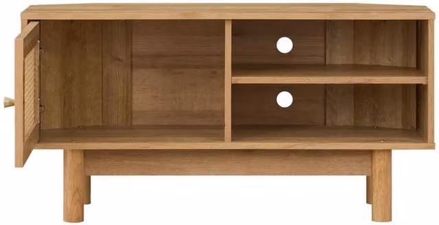 NESTLUNE Oak and Rattan 1 Door Corner TV Unit Stand in Brown