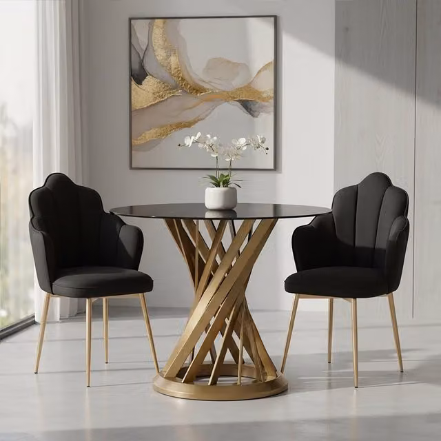 Fifty Five South Anzio Round Black Glass Dining Table with Gold Hourglass Base