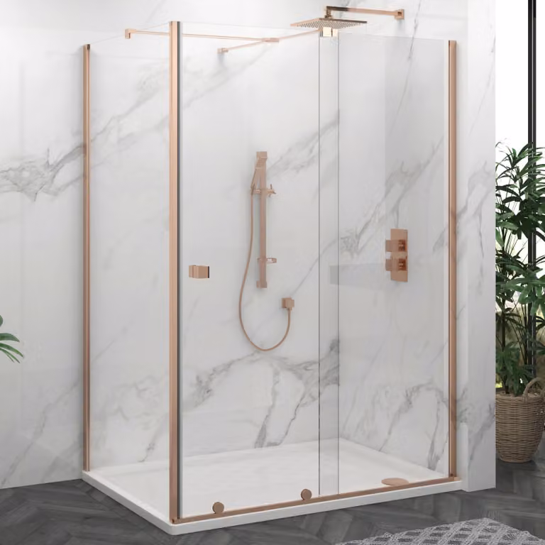 Luton Sliding Wet Room Shower Screen Door with Side Panel, Brushed Bronze, Clear 8mm Easy Clean Glass, W: 140 cm, D: 76 cm, H: 195 cm