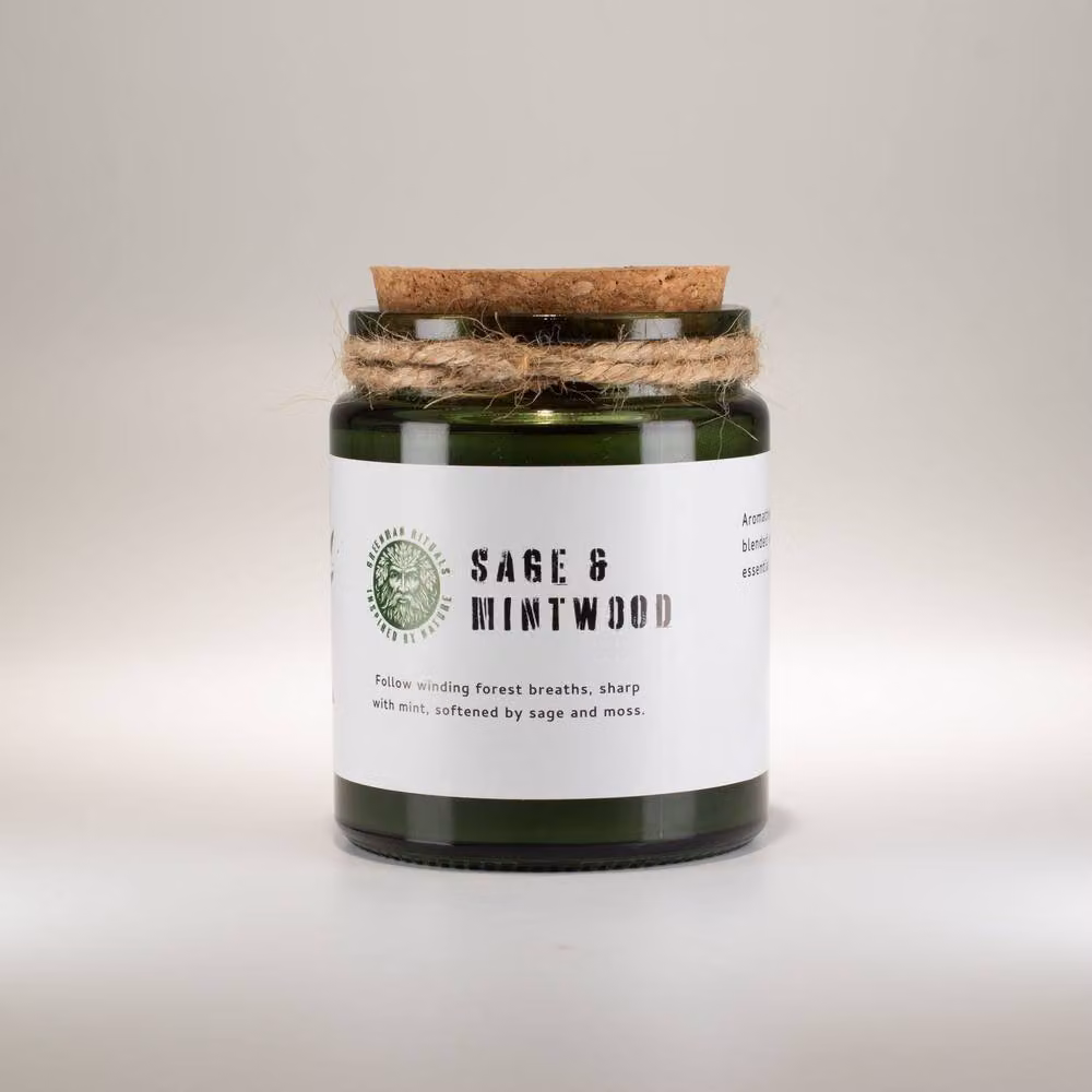 Serenityy Greenman Soy Woodwick Candle in Dark Green, Sage & Mintwood, 50 g – 2
