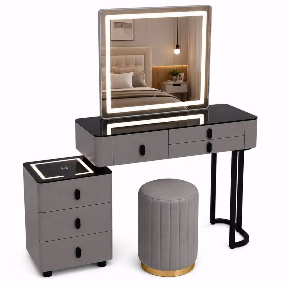 MN Furniture Modern Hollywood LED Dressing Table Vanity Set with Stool in Grey – 2