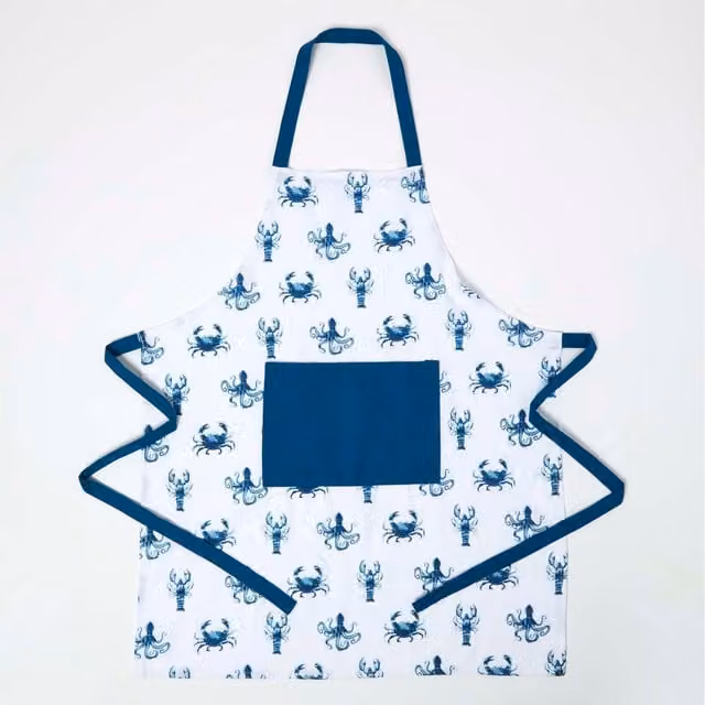 Homescapes Blue Sea Animal Cotton Apron in Sea Blue and White