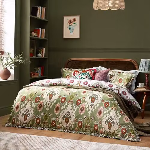 Paoletti Dawson Reversible Ikat Cotton Duvet Cover Set in Green, W: 137 cm, H: 200 cm