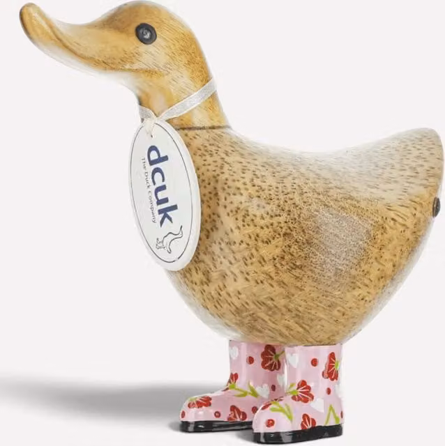 DCUK Floral Welly Boot Wooden Ducky Hand Painted Pink and Multicolour Wood Ornament
