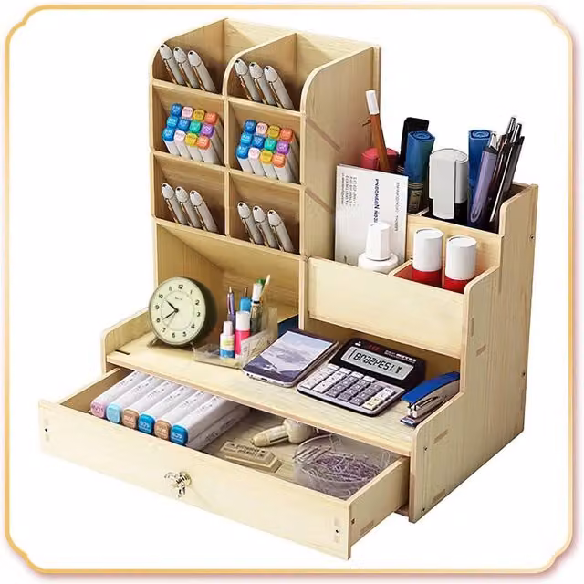 PAWNORA Multi-Compartment Wood Office Study Desk Organiser in White, Sand or Beige