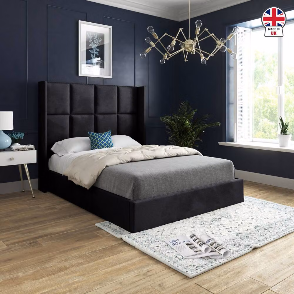 KDMD Stambourne Winged Upholstered Designer Bed Frame in Black Soft Velvet, W/D/H: 90 x 200 cm – 3