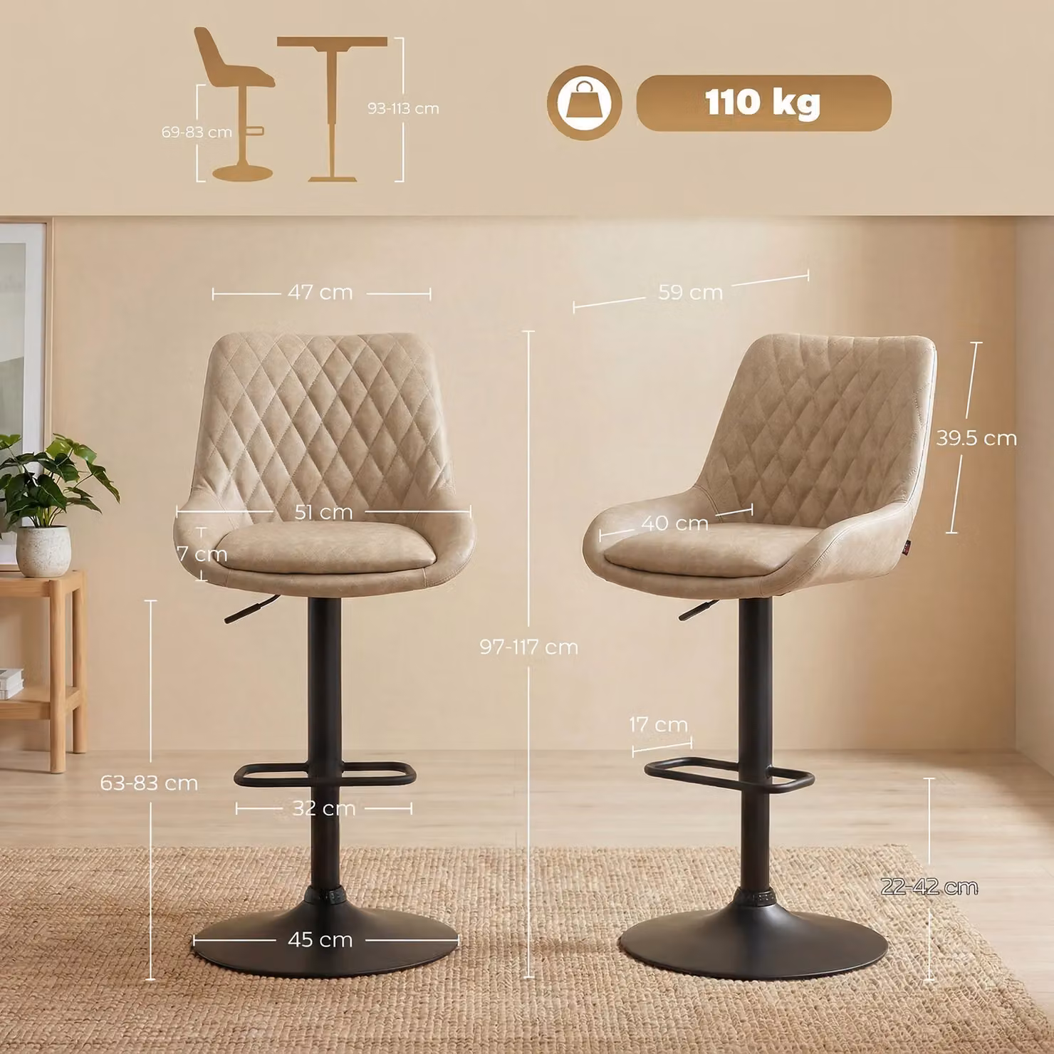 HOMCOM Set of 2 Retro Adjustable Bar Stools with PU Leather Upholstery and 360 Degree Swivel Seat in Beige – 3