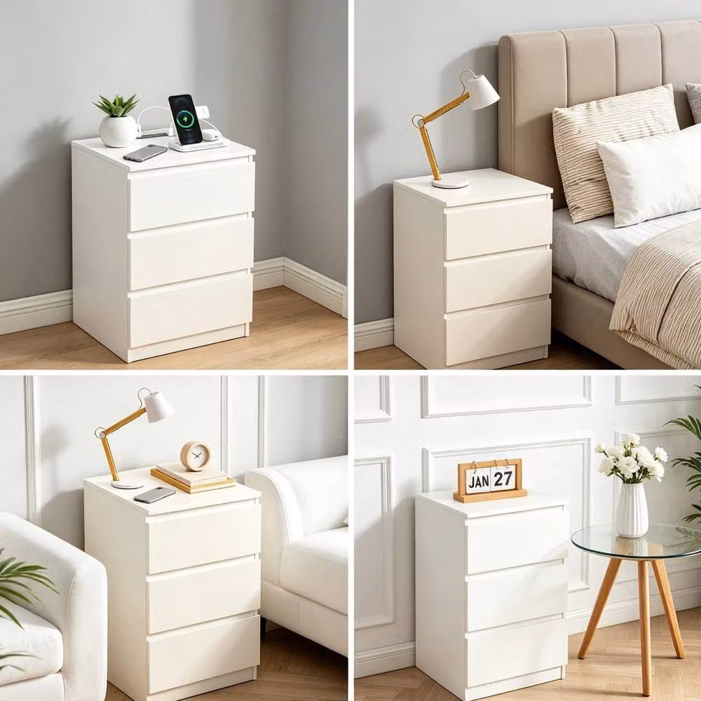 VOGREX White 3 Drawer Bedside Table and Storage Side Cabinet – 3