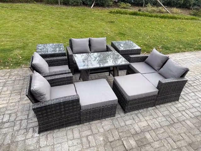 Fimous 9 Piece Wicker Rattan Garden Furniture Set with 2 Large Footstools in Dark Grey