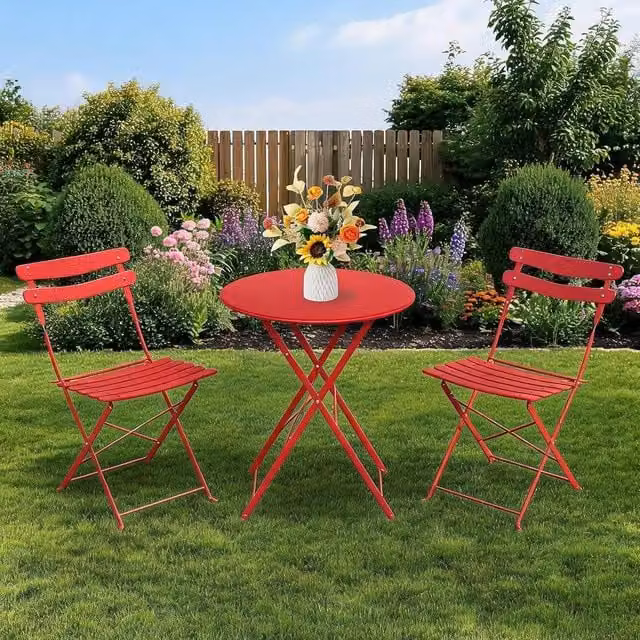 London Boutique Red 3-Piece Metal Bistro Set with Round Table and 2 Chairs for Garden, Terrace or Kitchen – 1