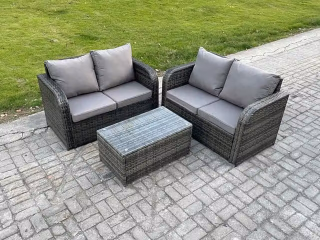 Fimous 4 Seater Rattan Garden Furniture Set with Rectangular Coffee Table in Dark Grey Mixed