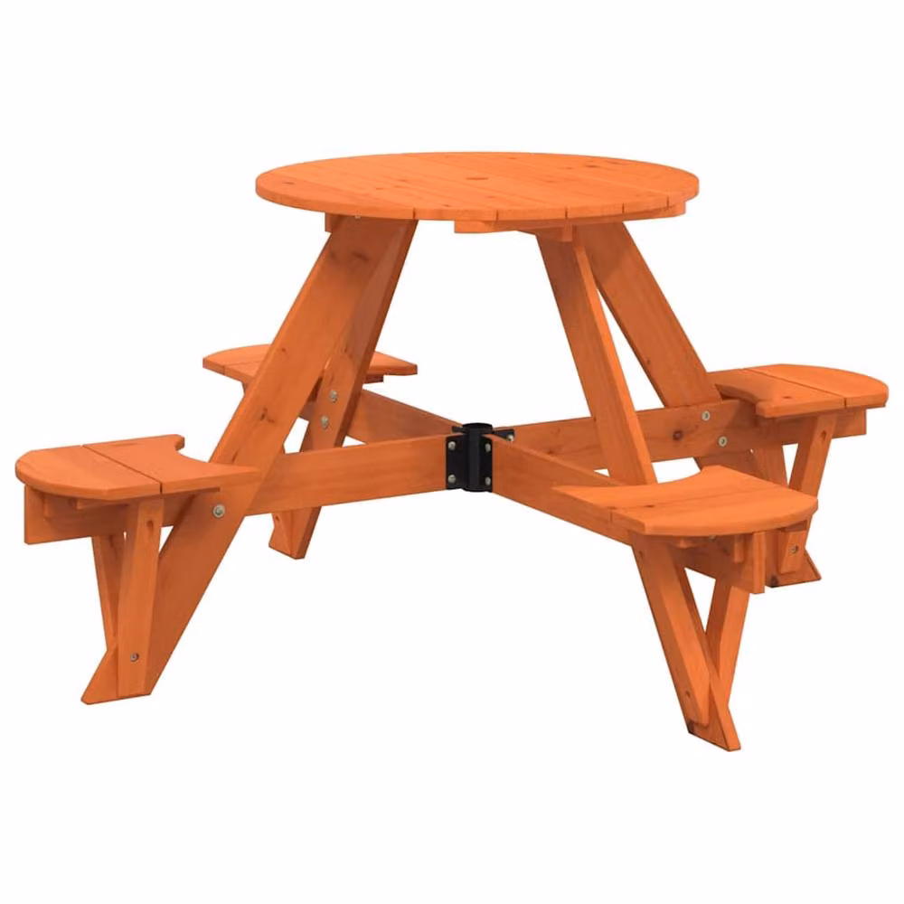 Berkfield Home Round Solid Wood Fir Picnic Table for 4 Children with Umbrella Hole, Brown, W/D/H: 120 x 55 x 57 cm – 2