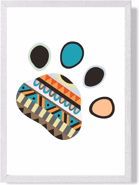 ARTZE Tribal Animal Paw Print Framed Art in Bright Blue and White, A3