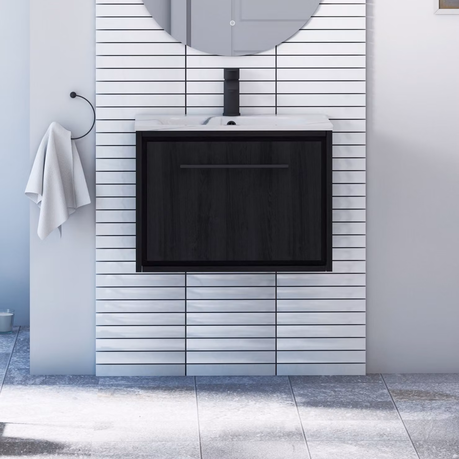 Livora Black Woodgrain Wall Hung Vanity Unit with Carrara White Basin and Matt Black Handle